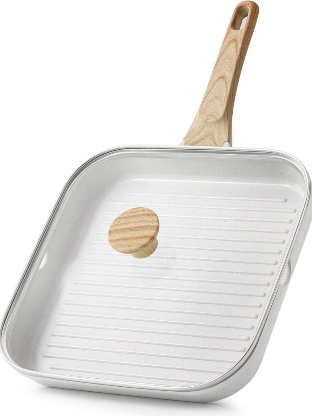Nonstick Ceramic Grill Pan with Lid, Square Skillet for All Stoves, Durable